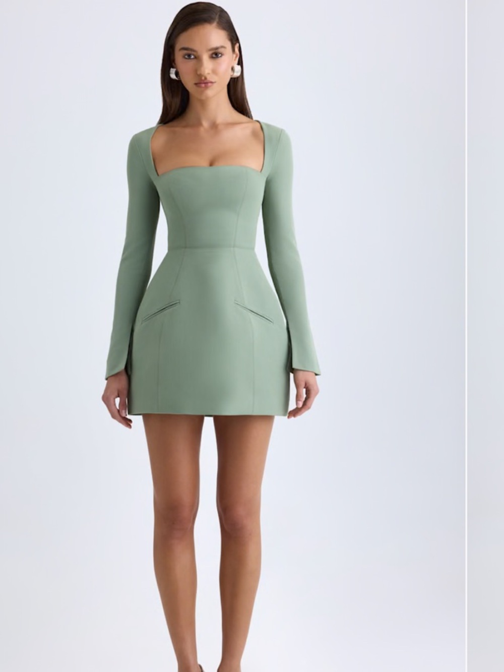 Oh Polly Sculpted Sage Green Long-Sleeve Mini Dress